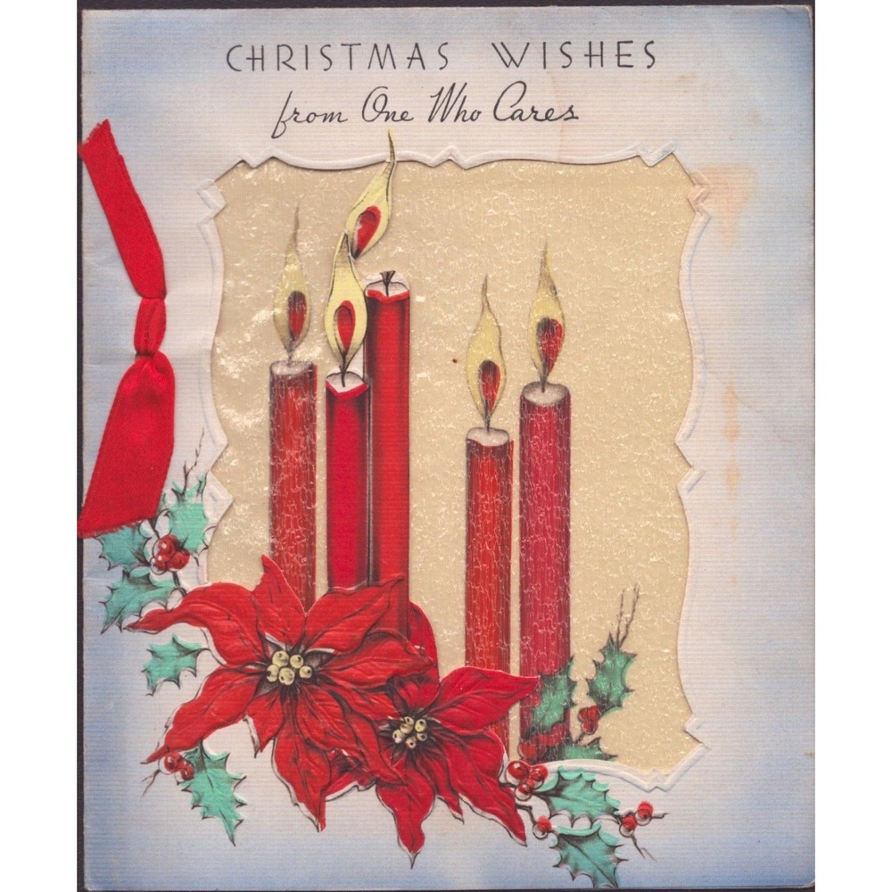 Vintage Christmas Wishes Greeting Card Red Candles Poinsettia Ribbon Made in USA